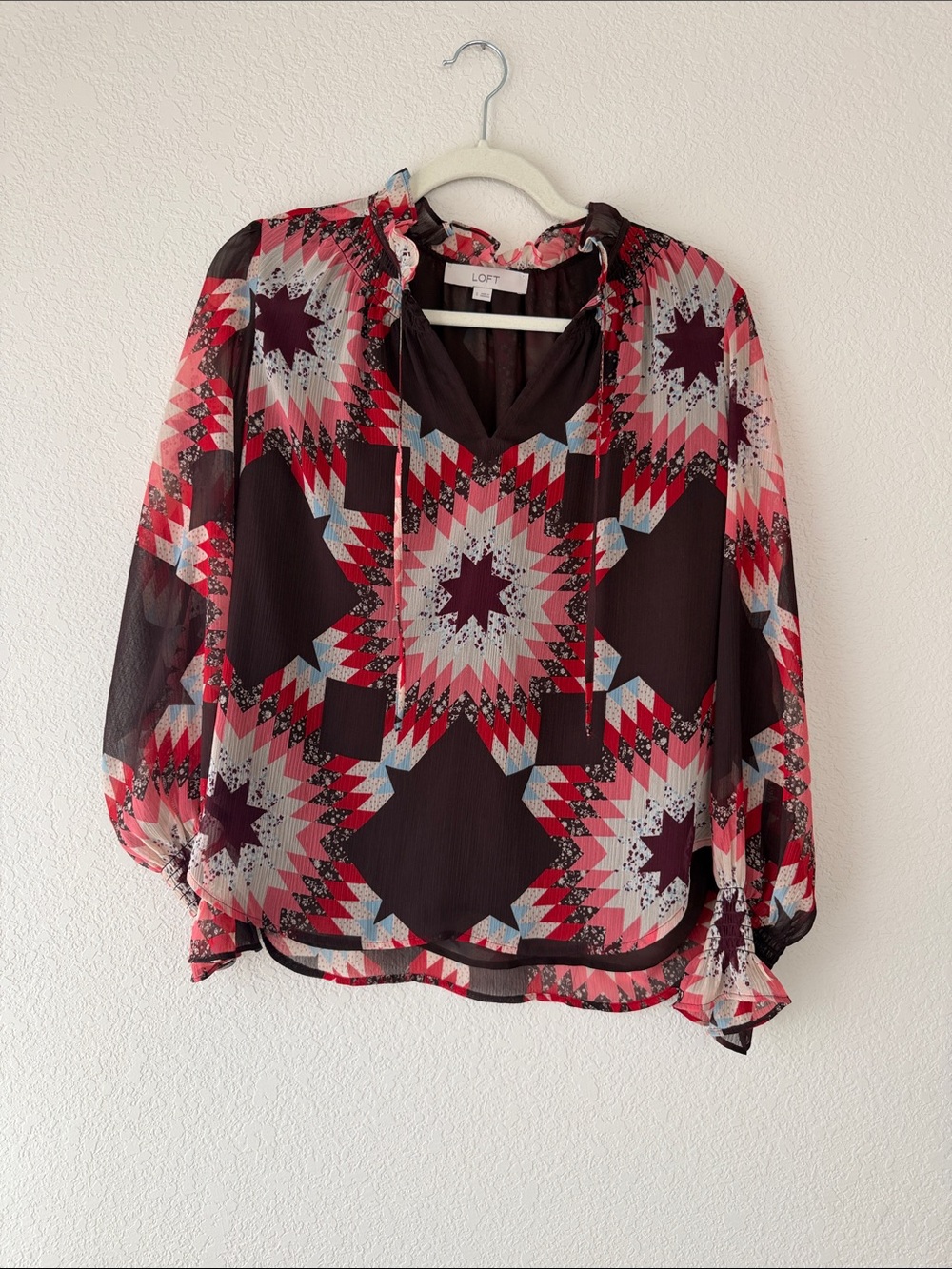 LOFT Burgundy and Pink Geometric Peasant Blouse